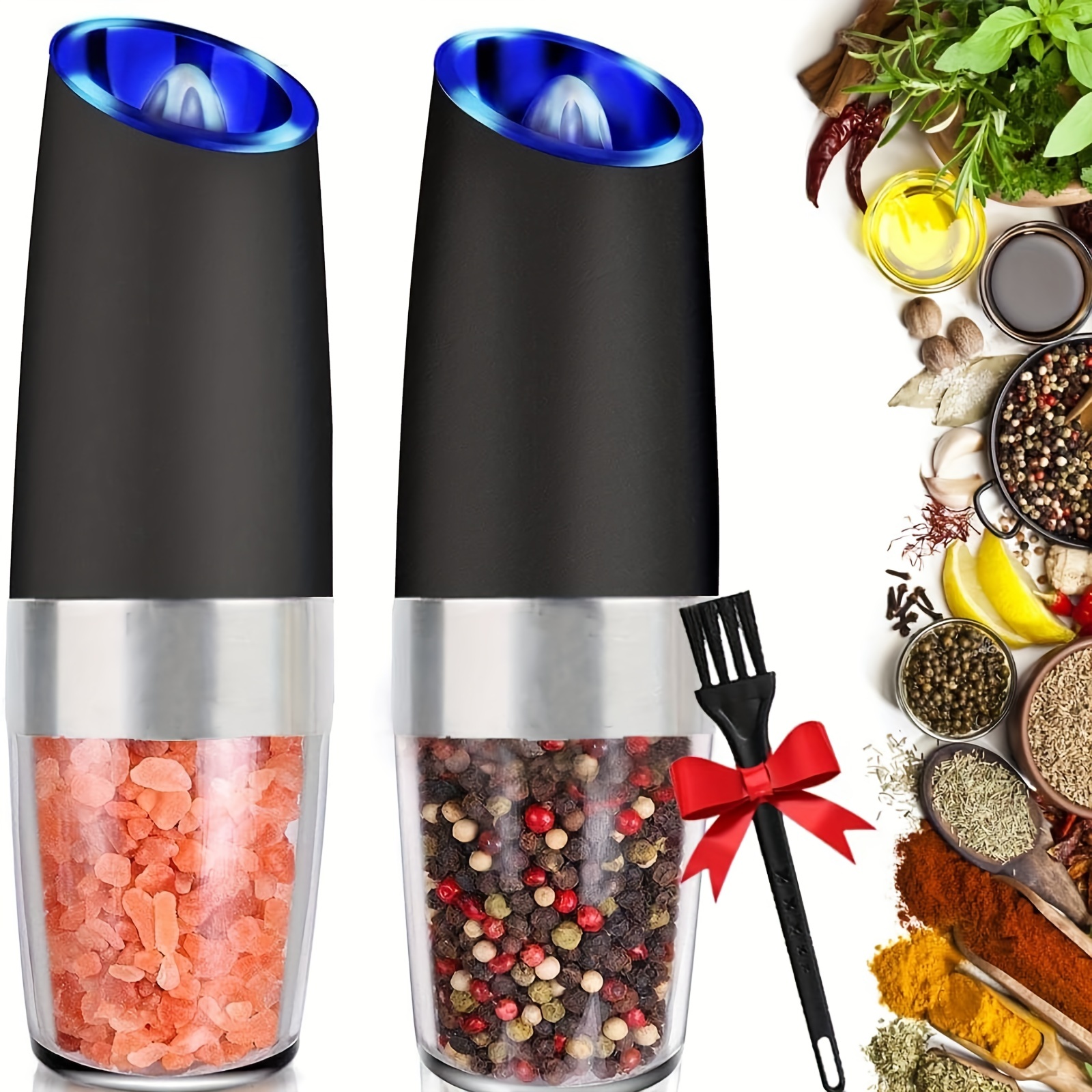 2Pcs Gravity Electric Pepper and Salt Grinder Set Adjustable Coarseness  Battery Powered LED Light One Hand Automatic Operation - AliExpress