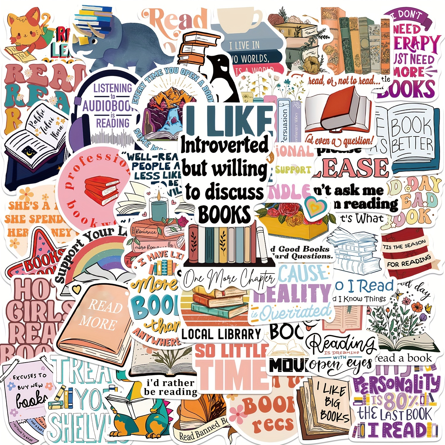 51pcs Bookish Stickers,Book Stickers For Kindle,Laptop Computer Phone Water  Bottle Waterproof Stickers Book Lover Gift