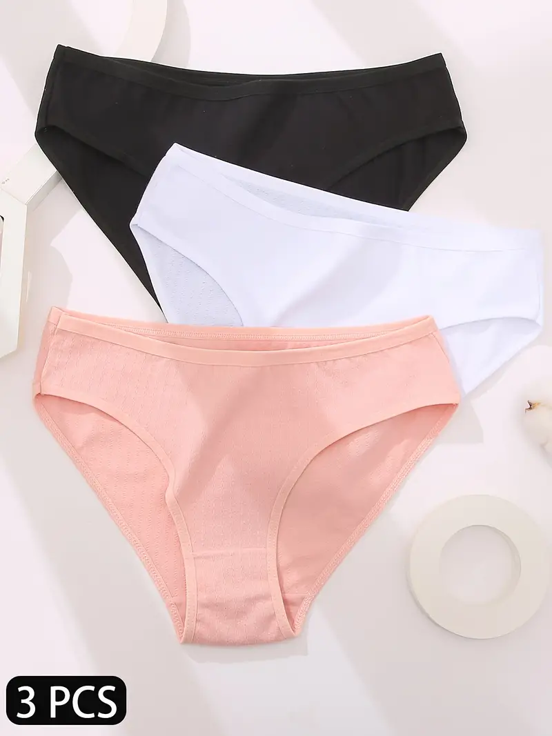 3pcs Simple Solid Briefs, Comfy & Breathable Stretchy Intimates Panties,  Women's Lingerie & Underwear