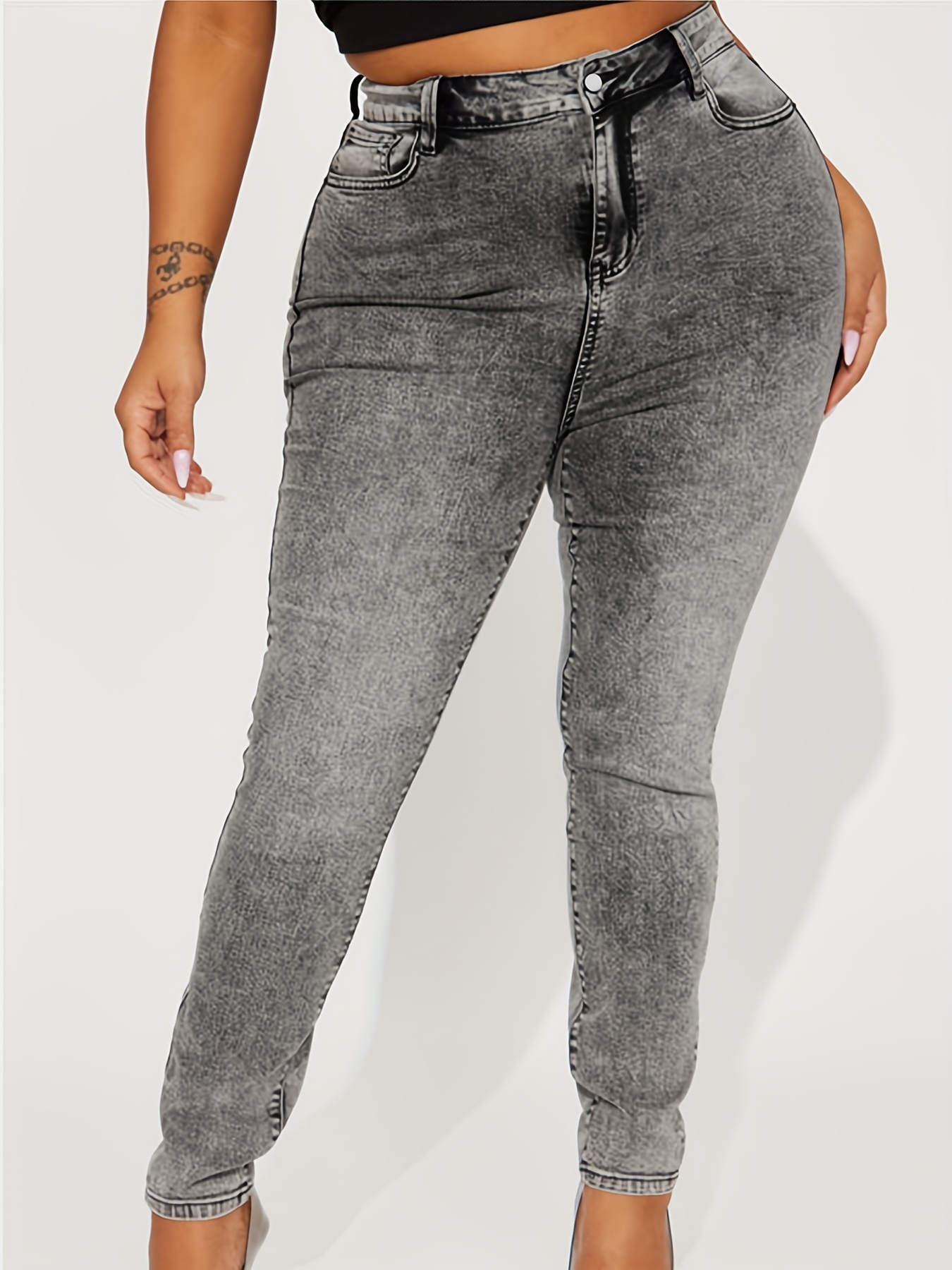 Casual Jeans Women's Plus Solid Distressed High Rise Skinny Jeans