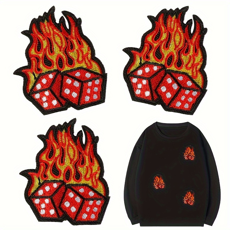 

3pcs, Cool Punk Y2k Embroidery Heat Transfer Film, Flame & Dice Pattern Iron On Patch, Washable Stamp Label Badge Logo, For Boys Girls Clothing T-shirt Pillow Bag Diy Supplies