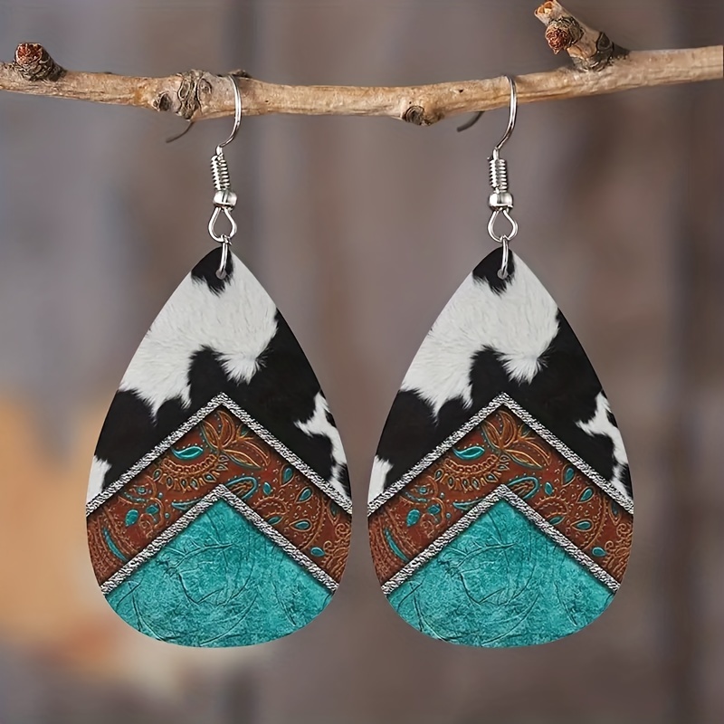 Bohemian Pattern Leather Earrings Teardrop Dangle Earrings