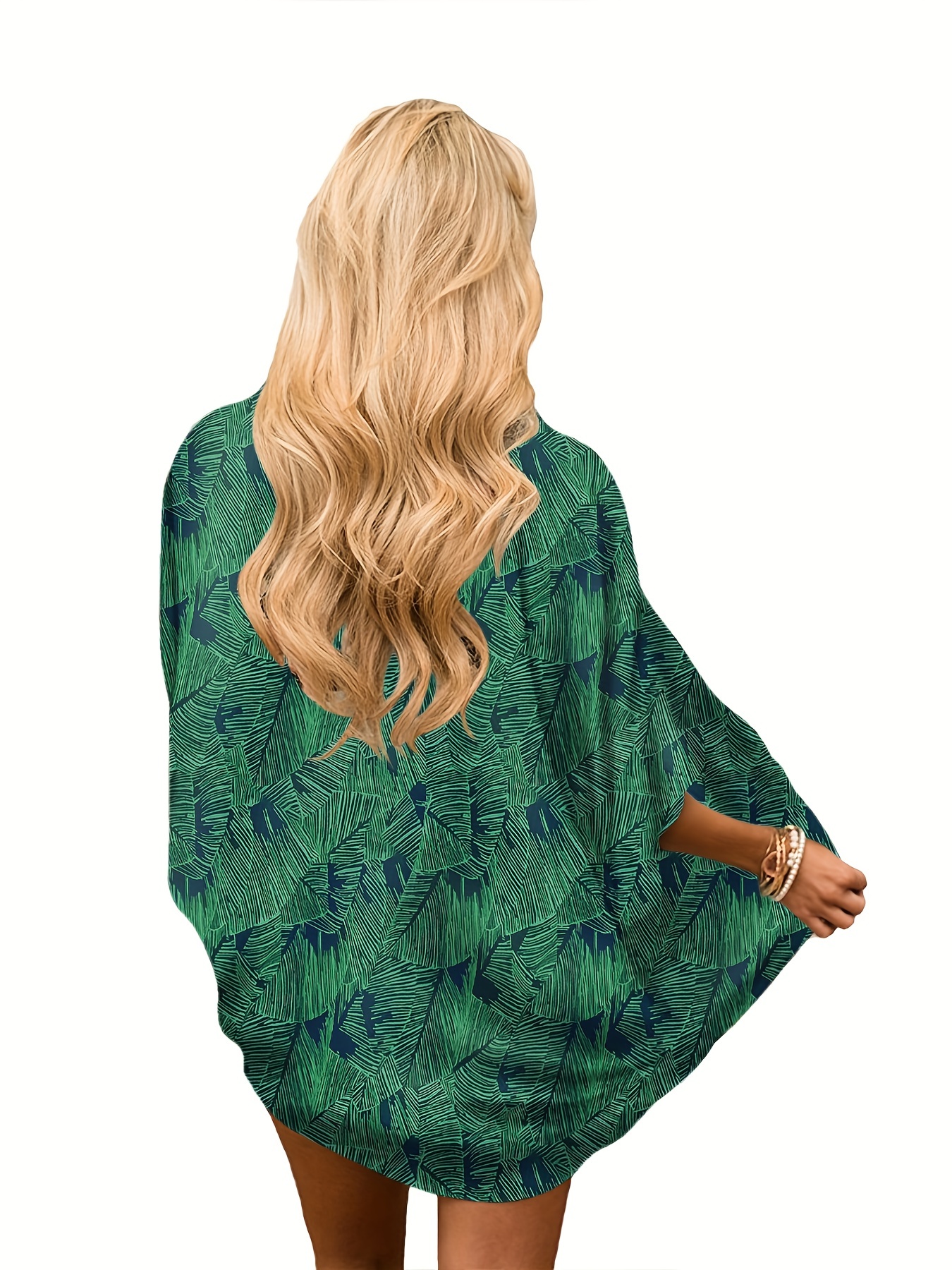 Leaf Print Cover Up Shirt V Neck Loose Fit Half Sleeves Non Stretch