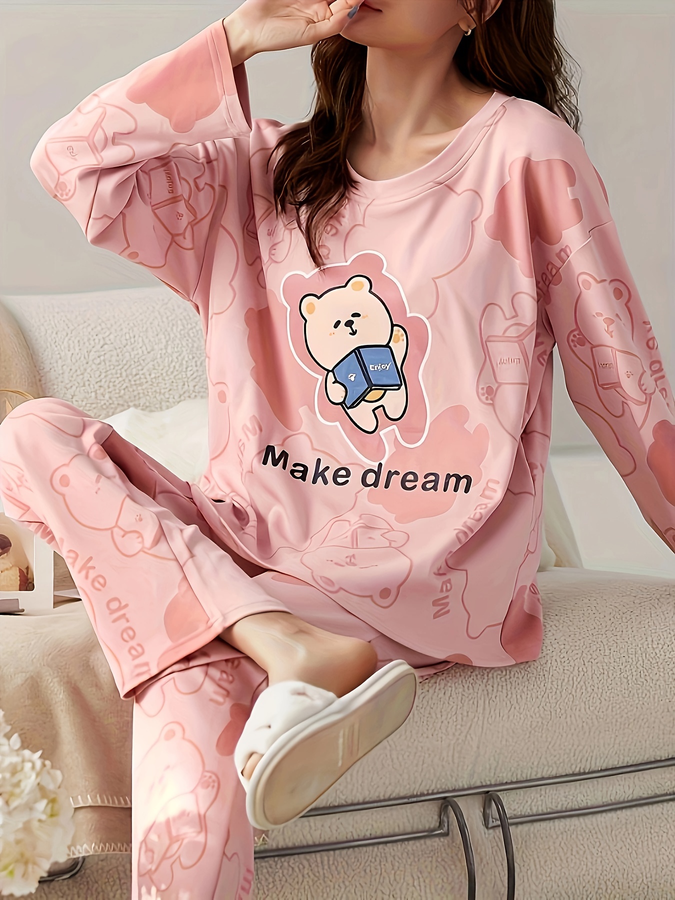 Cartoon Bear Print Pajama Set, Long Sleeve Crew Neck Top & Elastic  Waistband Pants, Women's Sleepwear & Loungewear - Temu Germany