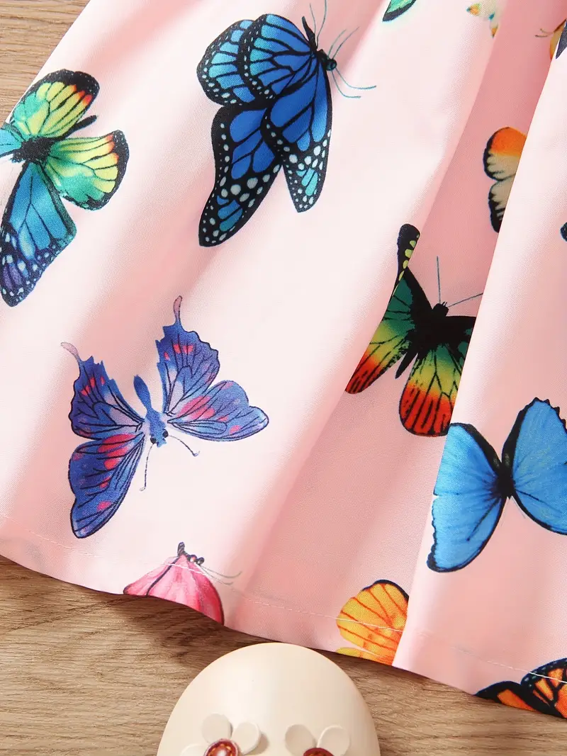 toddler girls puff sleeve frill trim shirred colorful butterfly graphic princess dress for party beach vacation cute romantic kids summer clothes details 17