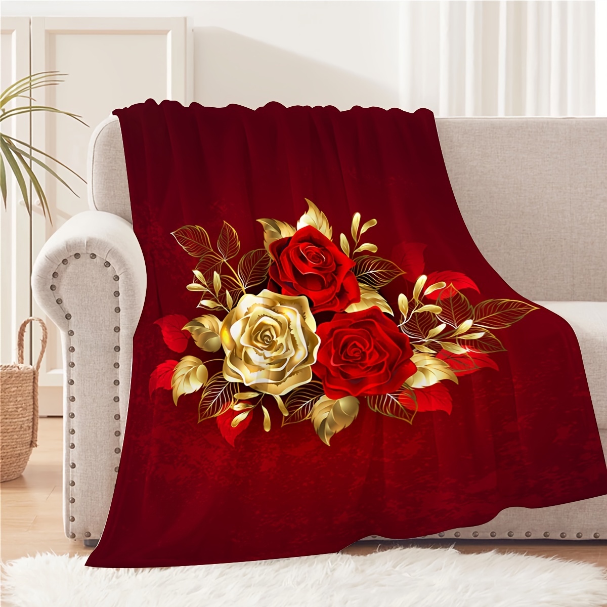 Creative Luxury Red Rose Print Blanket Contemporary Style Temu