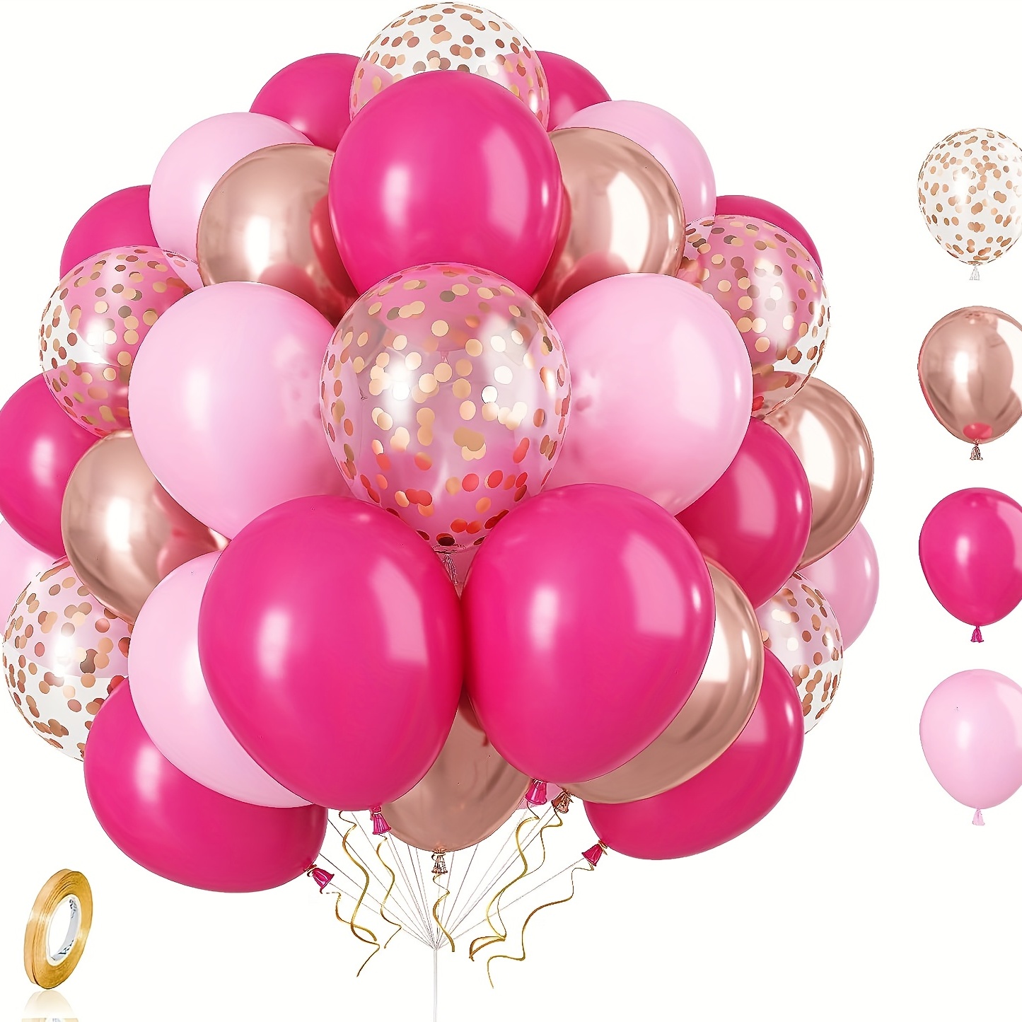 60pcs Hot Pink Balloons Set With Rose Golden Confetti Metallic Rose Golden  Balloons, 12 Inch Magenta Fuchsia Pink Balloons For Bridal Shower Wedding B