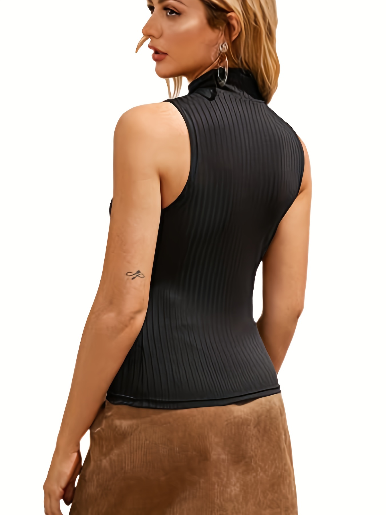 Solid Ribbed Turtleneck Top Elegant Sleeveless Top For - Temu Canada