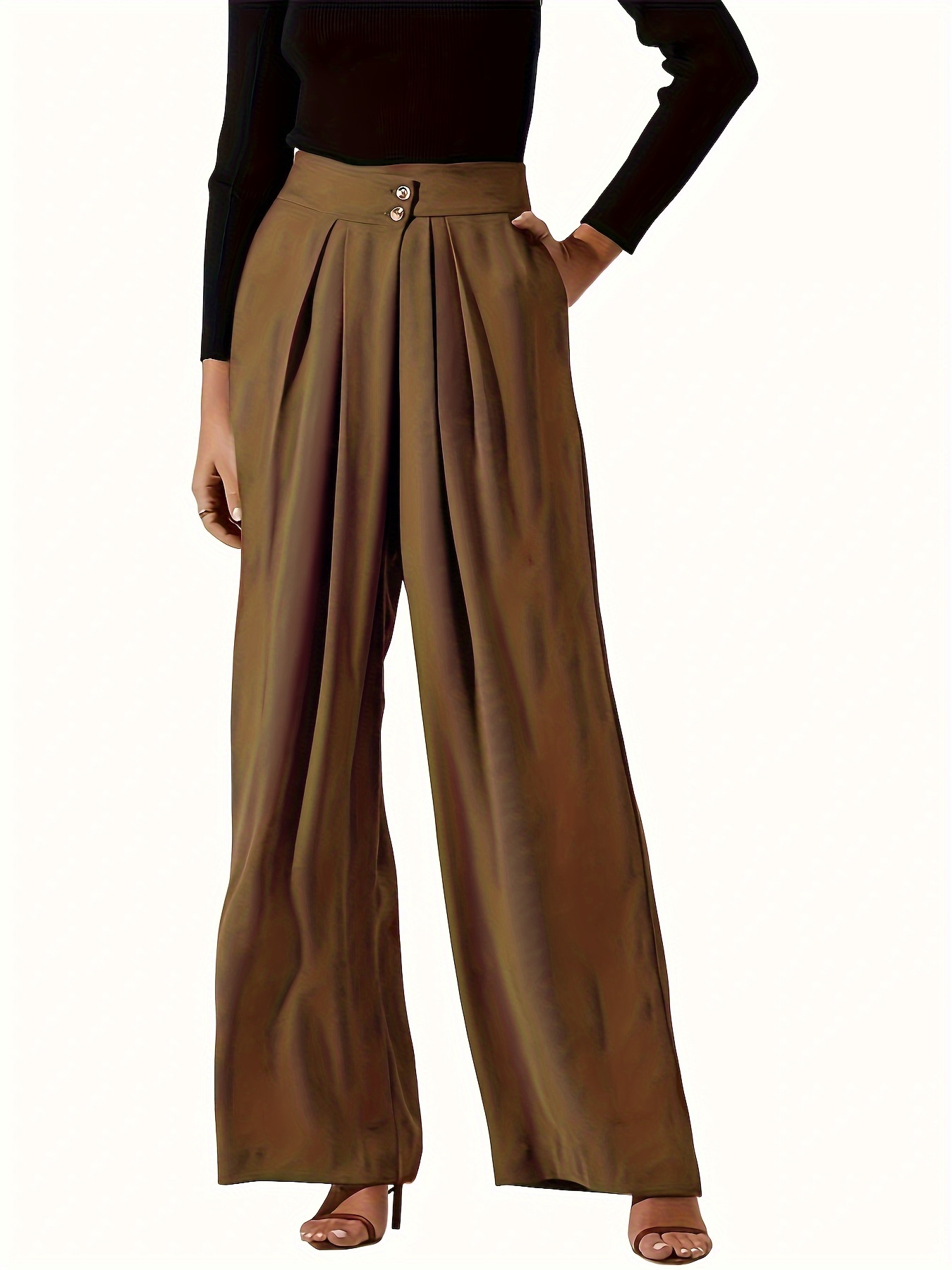 Solid Ruched Pants Casual High Waist Wide Leg Daily Work - Temu Canada
