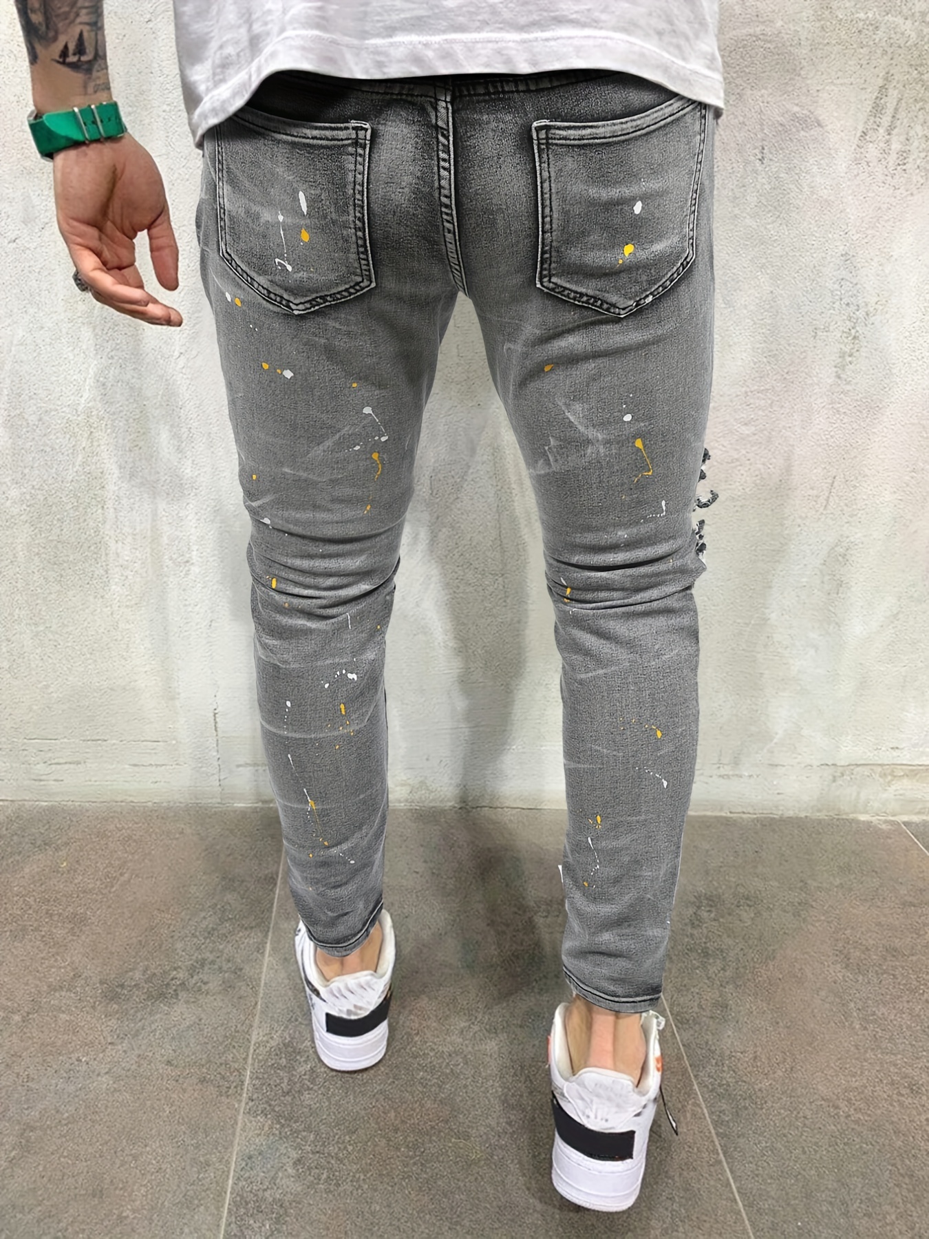 Paint Splatter Ripped Design Slim Fit Jeans Men's Casual - Temu Canada
