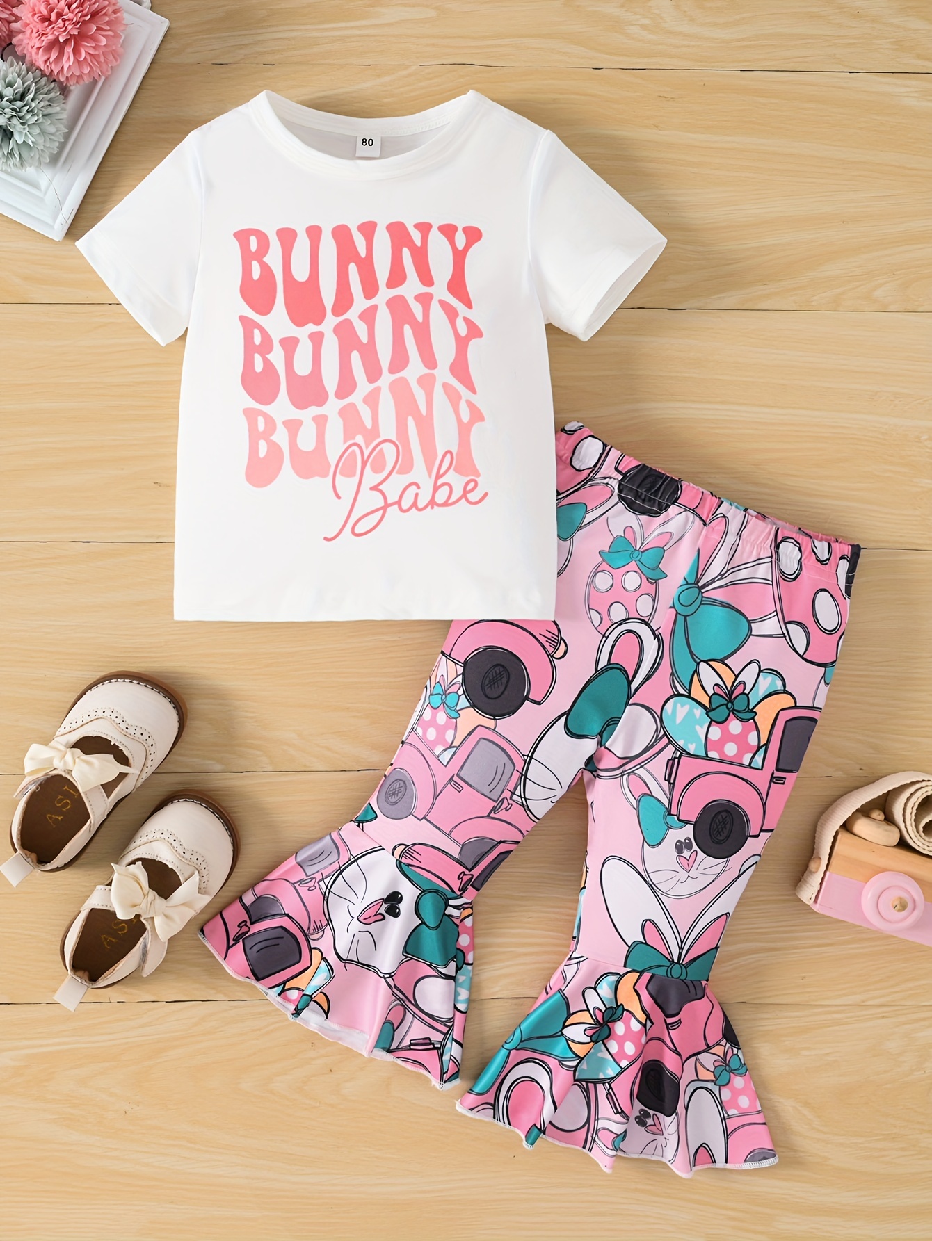 Toddler Girls' Cute Outfits Bunny Print Top Flora Flare - Temu