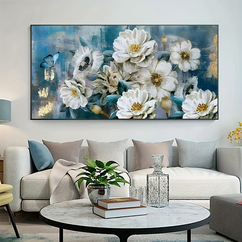 

1pc Impressionist Flower Butterfly Canvas Painting, Abstract Floral Blue Poster Art Print Plant Wall Picture For Living Room Home Decor Mural 50x100cm Frameless