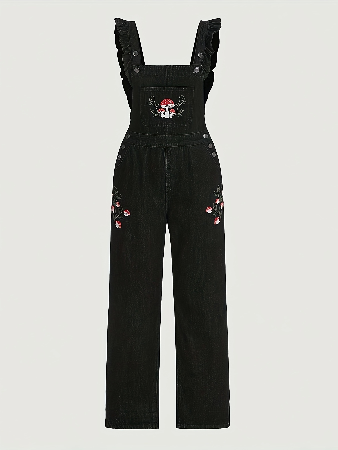 Piwonia - Letter Embroidered Distressed Wide Leg Denim Dungaree