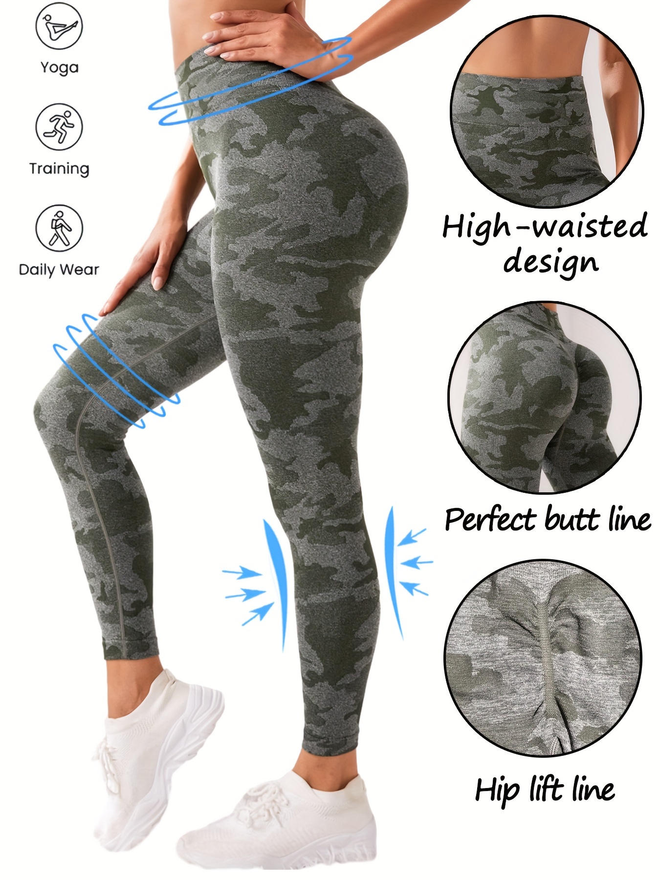 Star & Camouflage Pattern High Waist Sports Leggings, Quick Drying High  Stretch Fitness Running Hollow Workout Yoga Tight Pants, Women's Activewear