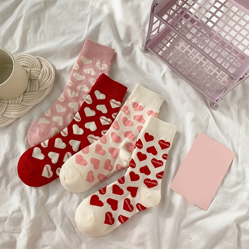 

4 Pairs Heart Print Socks, Comfy & Cute Mid Tube Socks, Women's Stockings & Hosiery