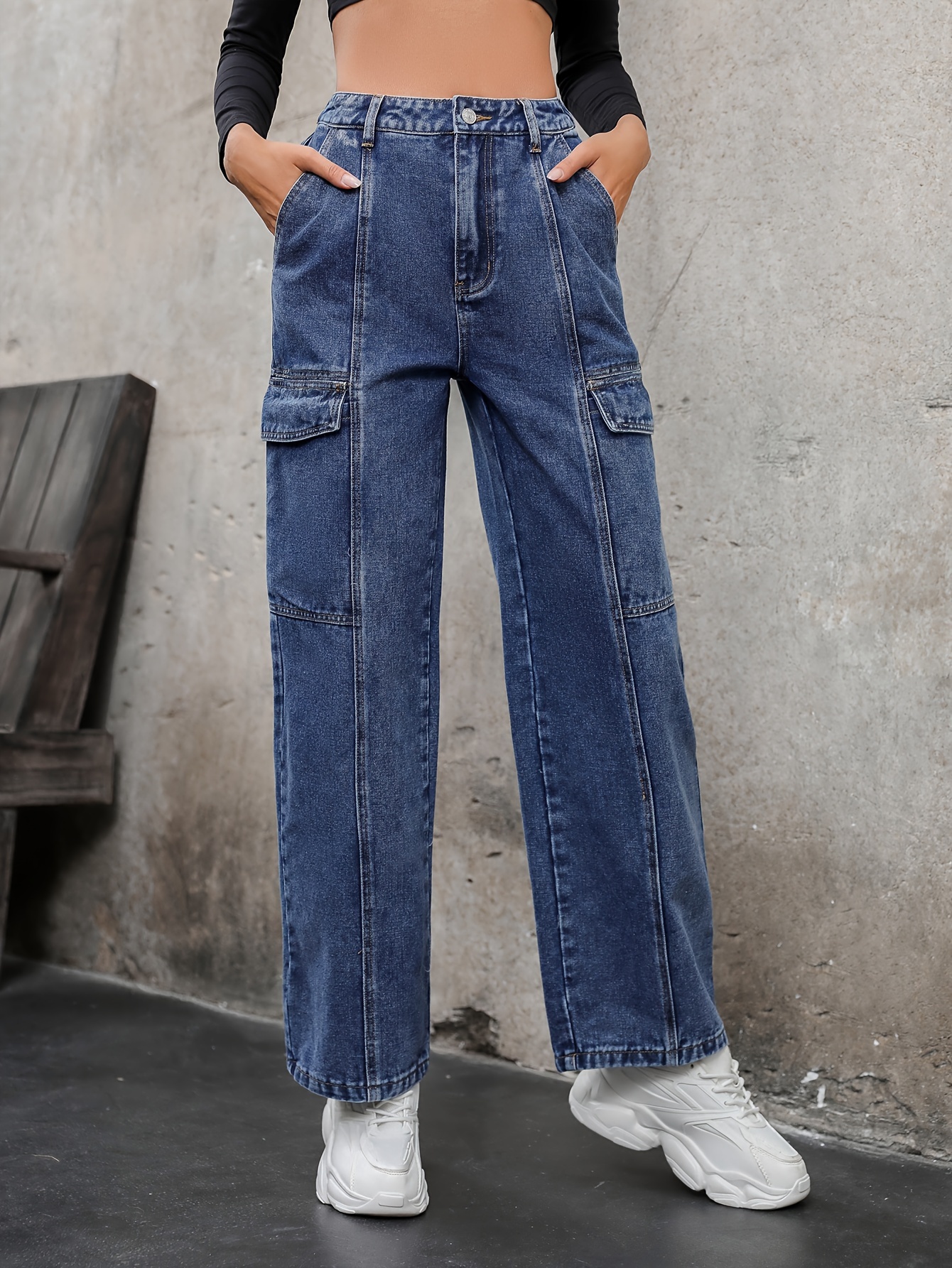 High Waisted Flap Pocket Side Baggy Jeans  Denim fabric, Straight jeans,  Wide leg jeans