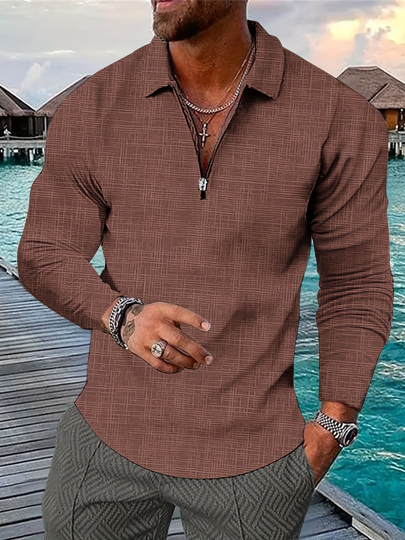 Men's Solid Thin Casual Long Sleeve Zipper Lapel Shirt - Temu Canada