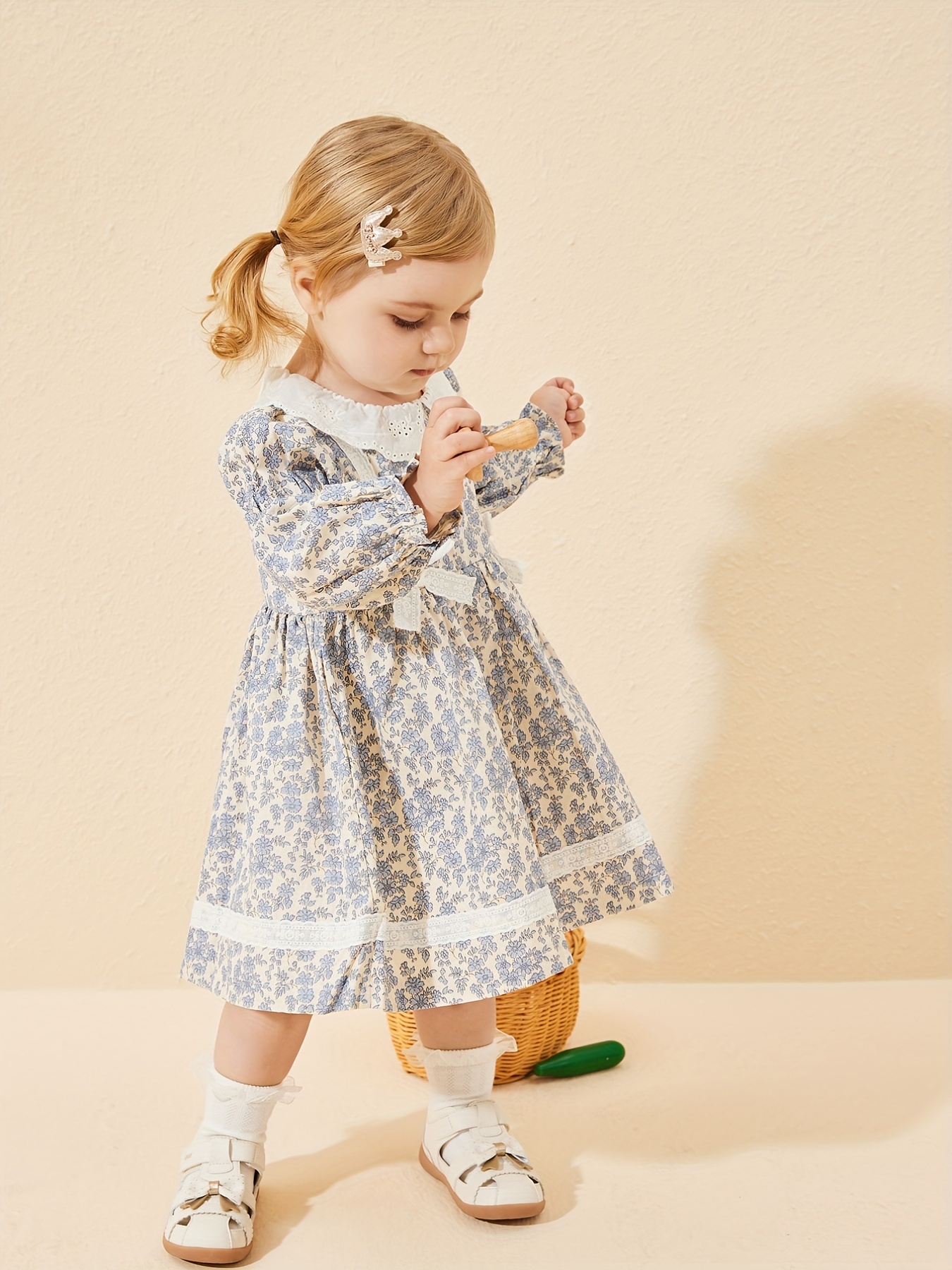 Toddler Girl Floral Print Splice Bowknot Button Design Ruffled Long-sleeve Dress