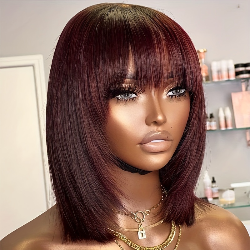 Dark 99 Straight Bob Human Hair Wigs With Bangs Full Machine Made Brazilian Remy Human Hair Short Bob Wigs For Woman No Lace