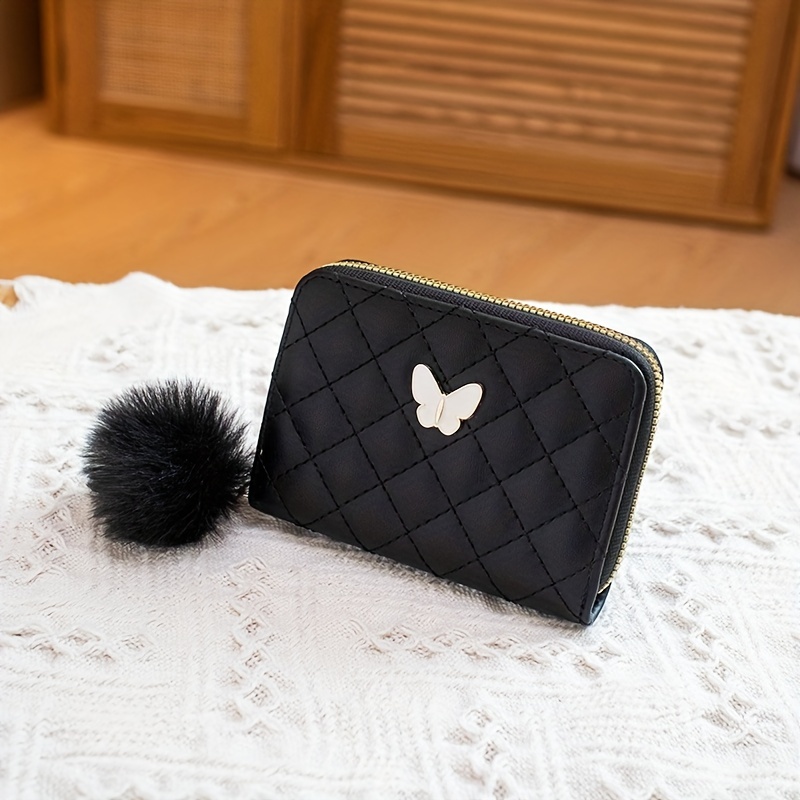 Quilted Pom Coin Purse Multiple Card Holder Wallet Pu Leather