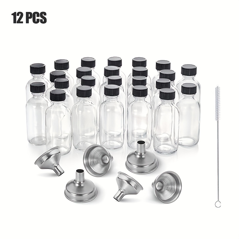 12pcs, 2oz, Botella De Vidrio Transparente Pequeña Con Tapa Y 3 Embudos Y  Cepillos De Acero
