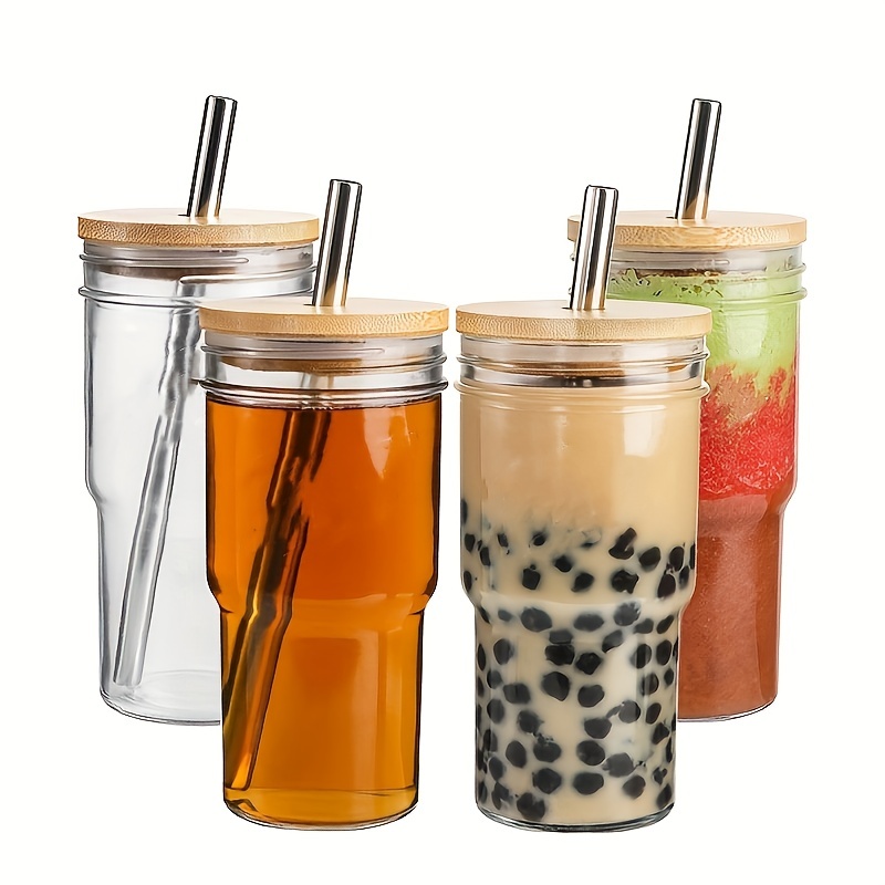 1pc Drinking Glasses With Lids And Straw, Beer Iced Coffee Glasses,  Scratch-resistant Insulated Glass Cup, 24oz