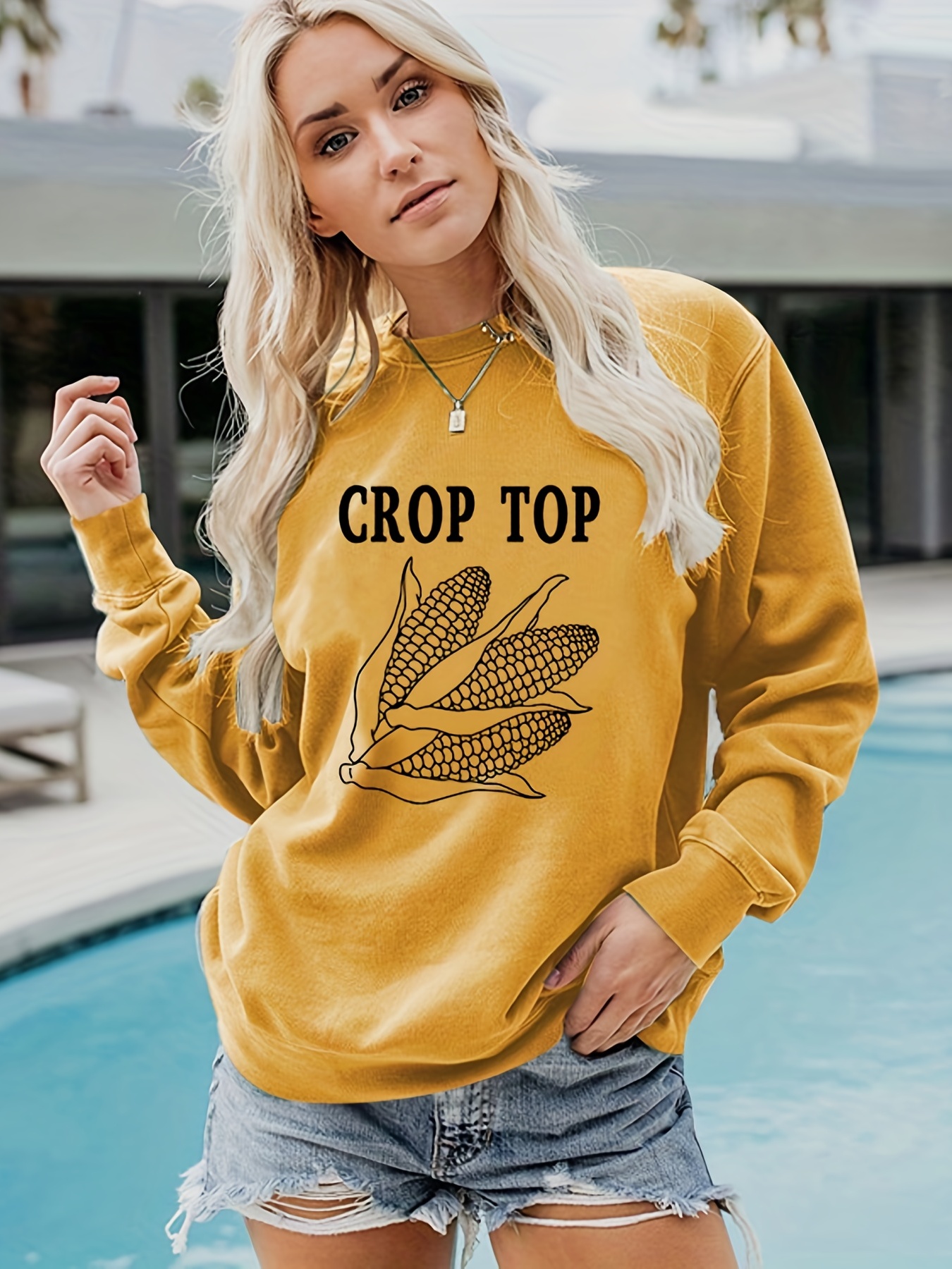 Corn Print Pullover Sweatshirt, Casual Long Sleeve Crew Neck Sweatshirt For  Fall & Winter, Women's Clothing
