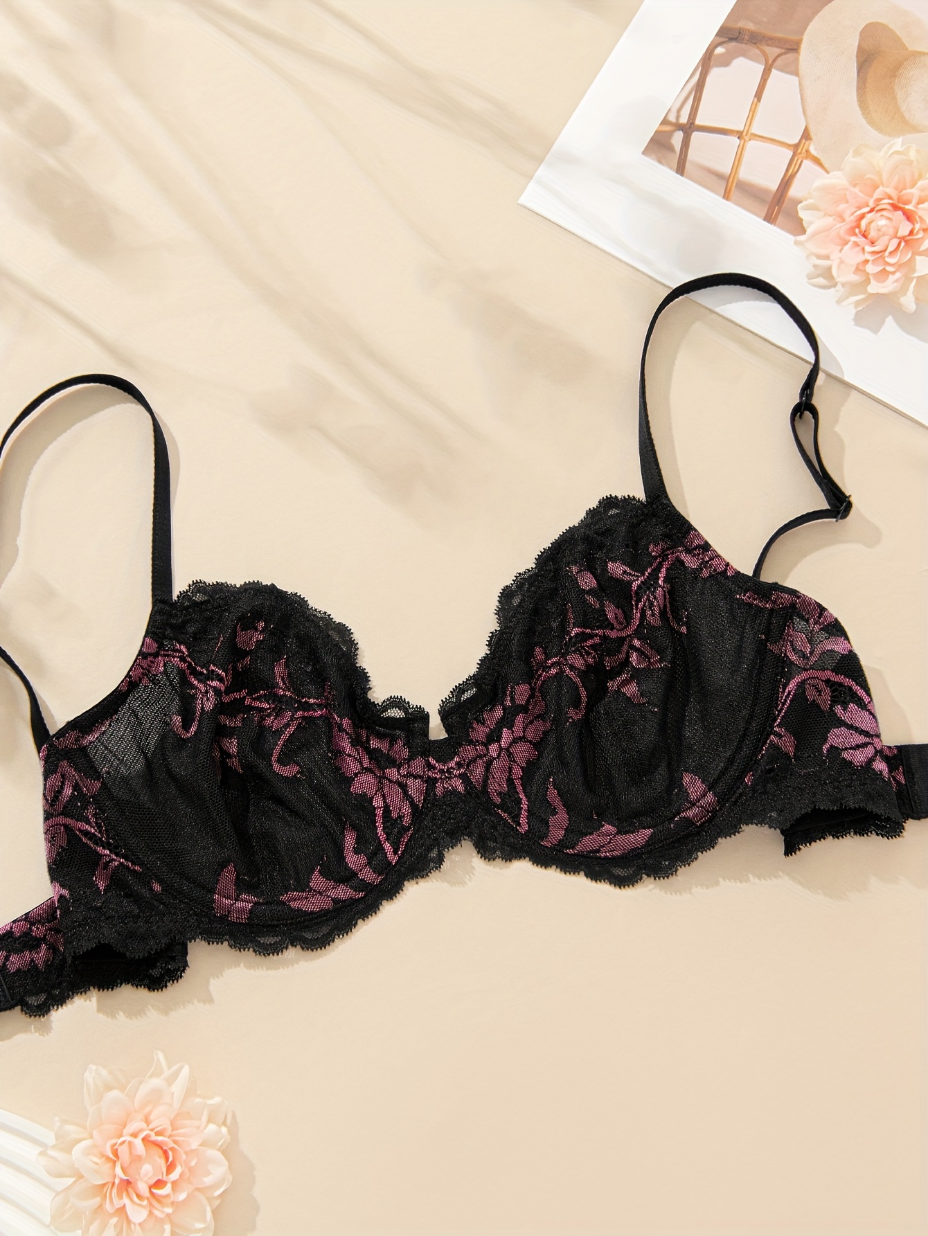 Valentine's Day Floral Lace Mesh Unlined Bra Lightweight - Temu