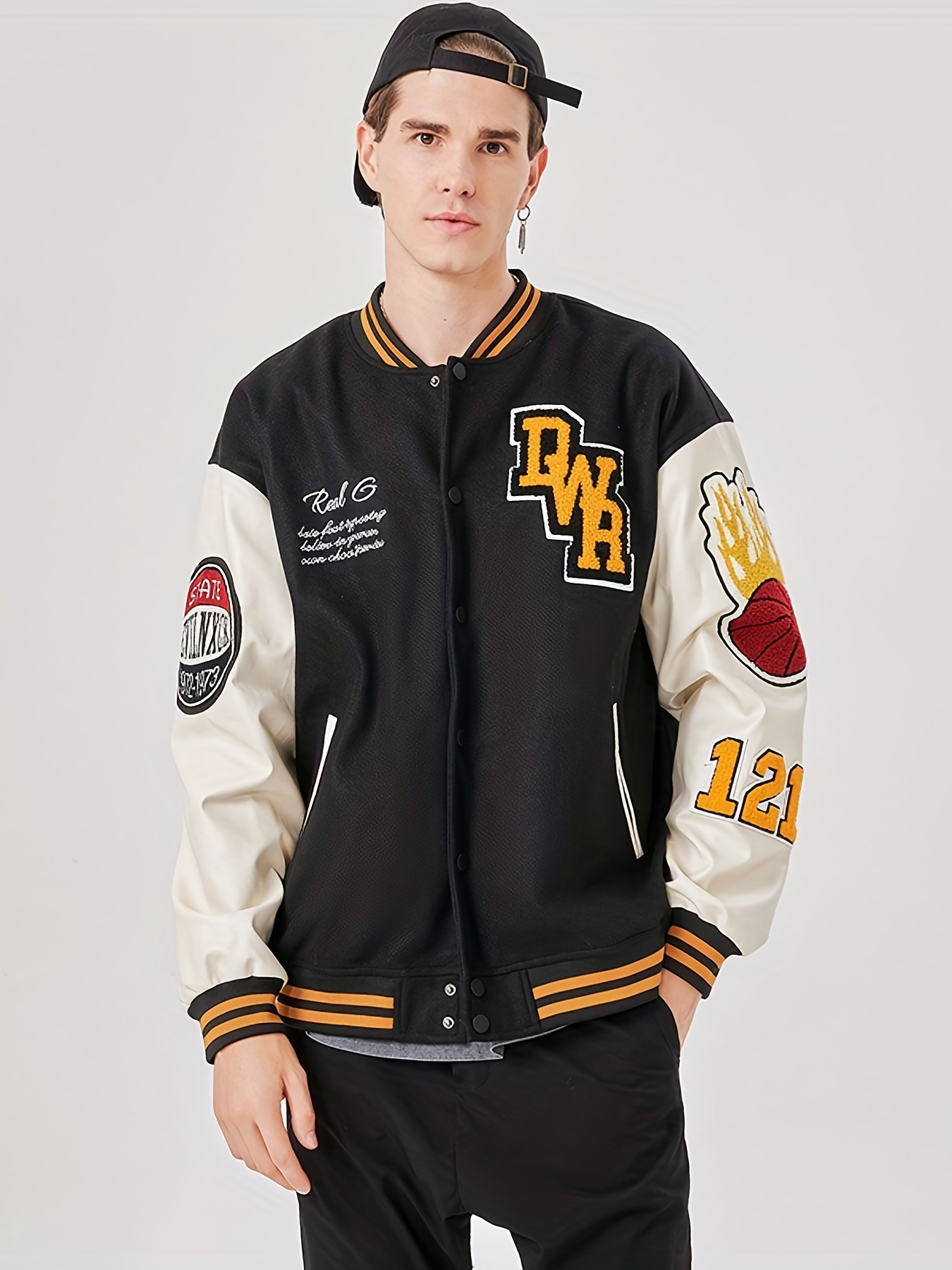 Embroidery Varsity Jacket, Men's Casual Color Block Button Up