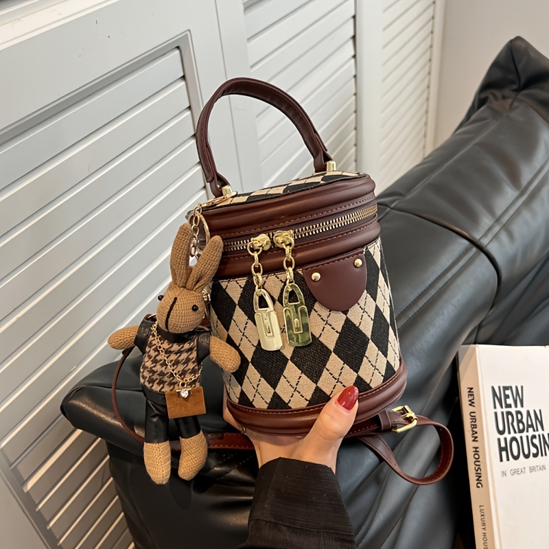 Mini Argyle Pattern Handbag, Fashion Cylinder Bucket Purse