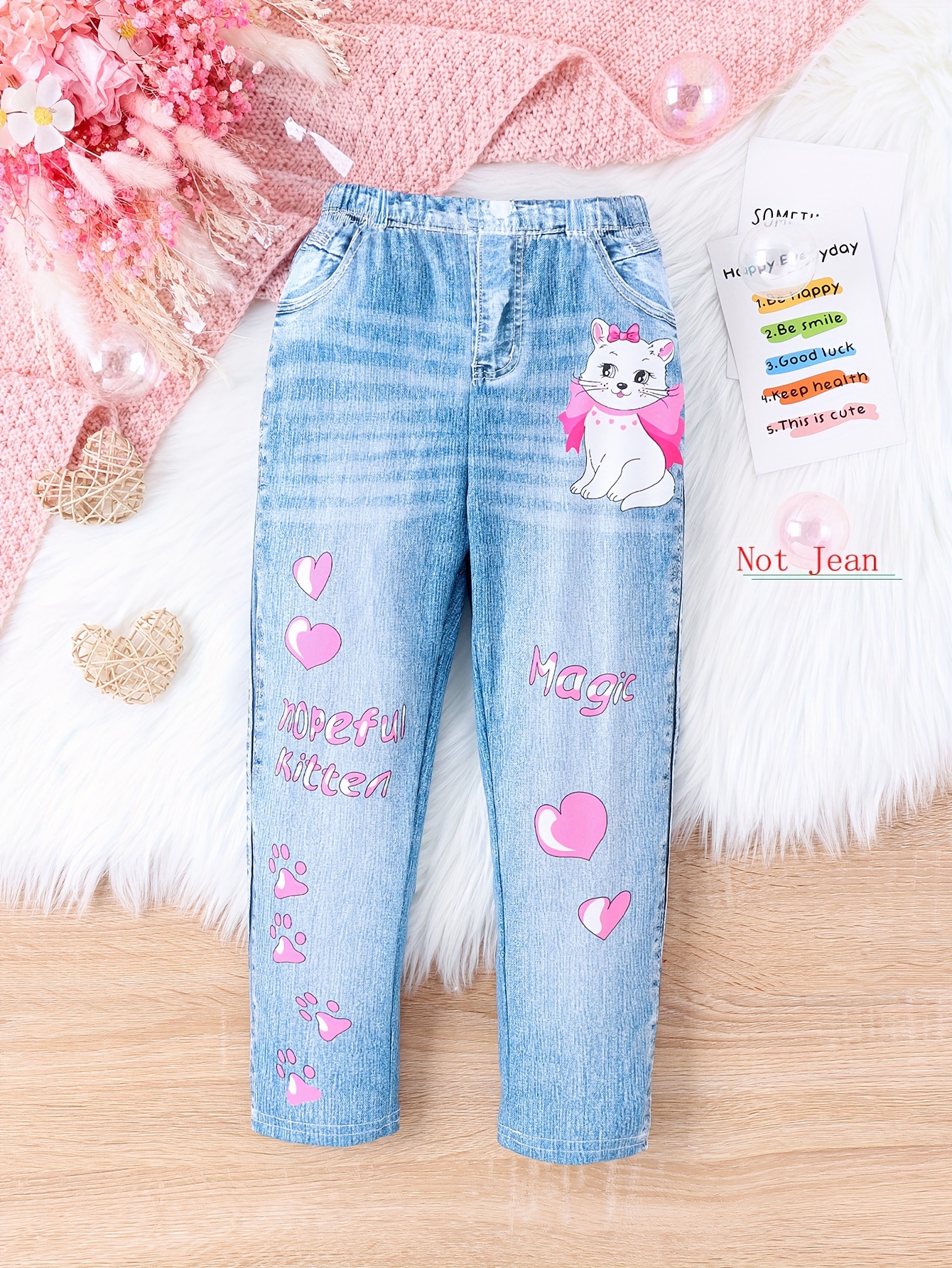 Kitten Heart Print Fashion Girls' Imitation Denim 3d Print - Temu