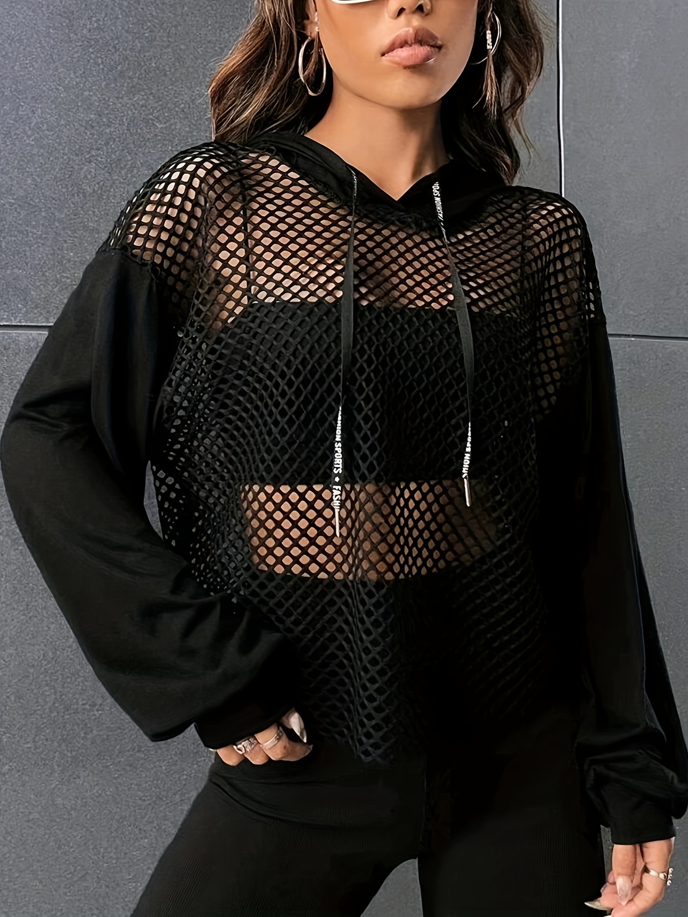 See Drawstring Fishnet Hooded T shirt Casual Long Sleeve Top - Temu