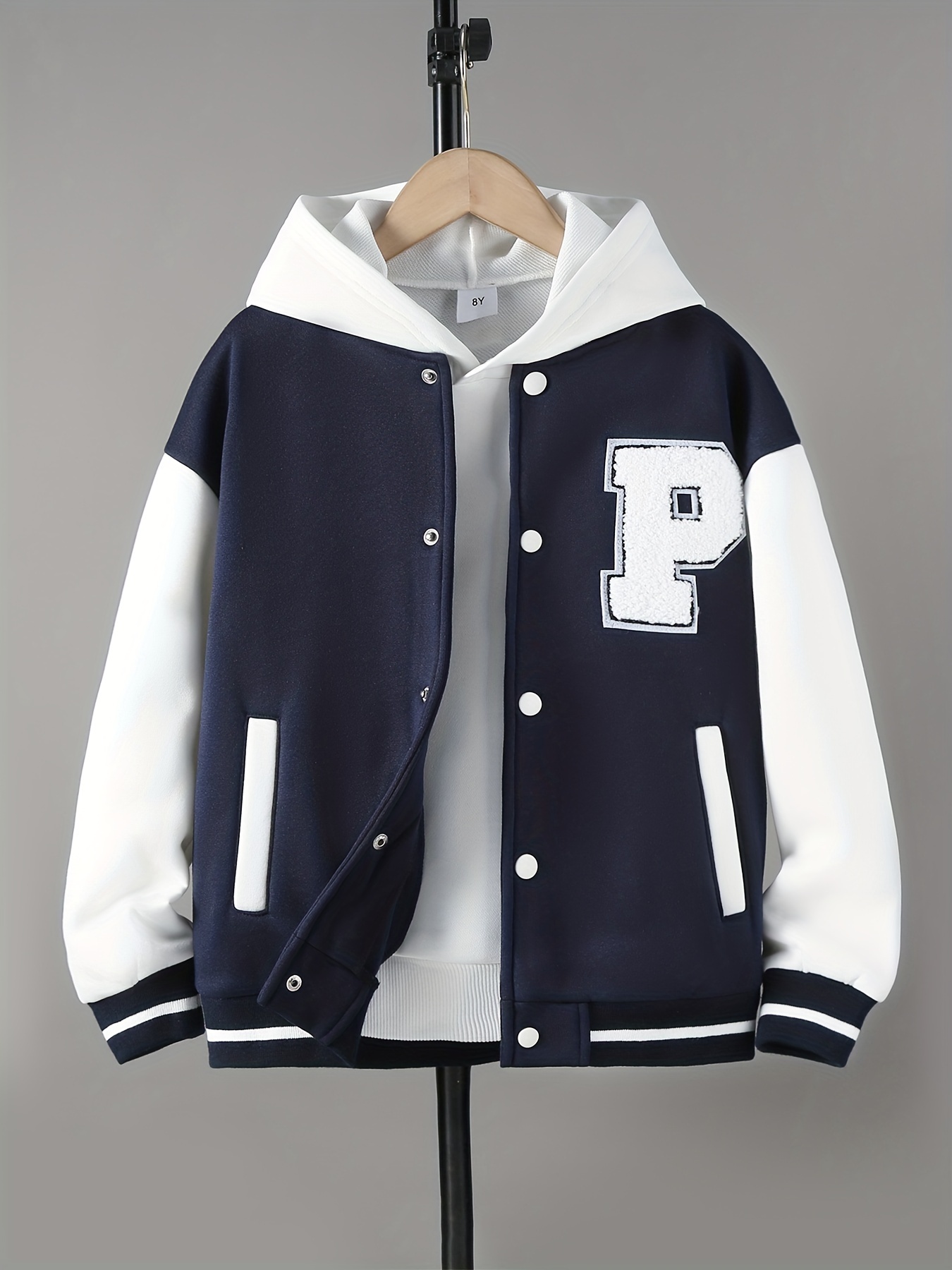 Color-block Baseball Jacket - Navy blue/white - Ladies