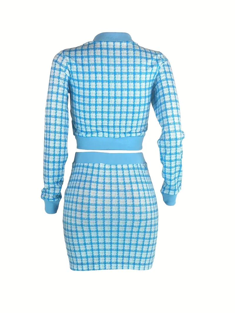 elegant plaid matching two piece set crop zip up jacket bodycon skirt outfits womens clothing details 4
