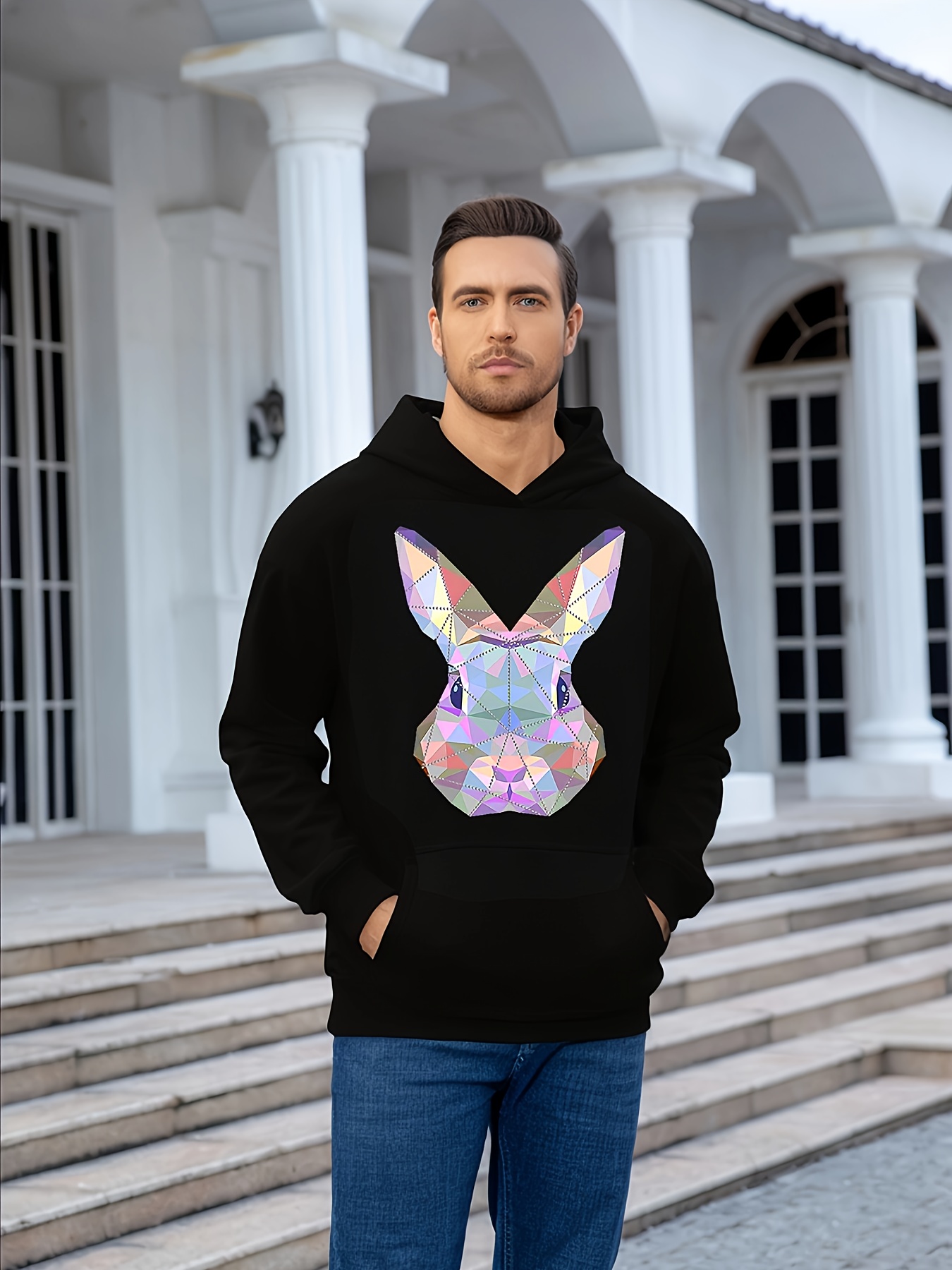 Geometric Rabbit Print Kangaroo Pocket Hoodie Casual Long - Temu