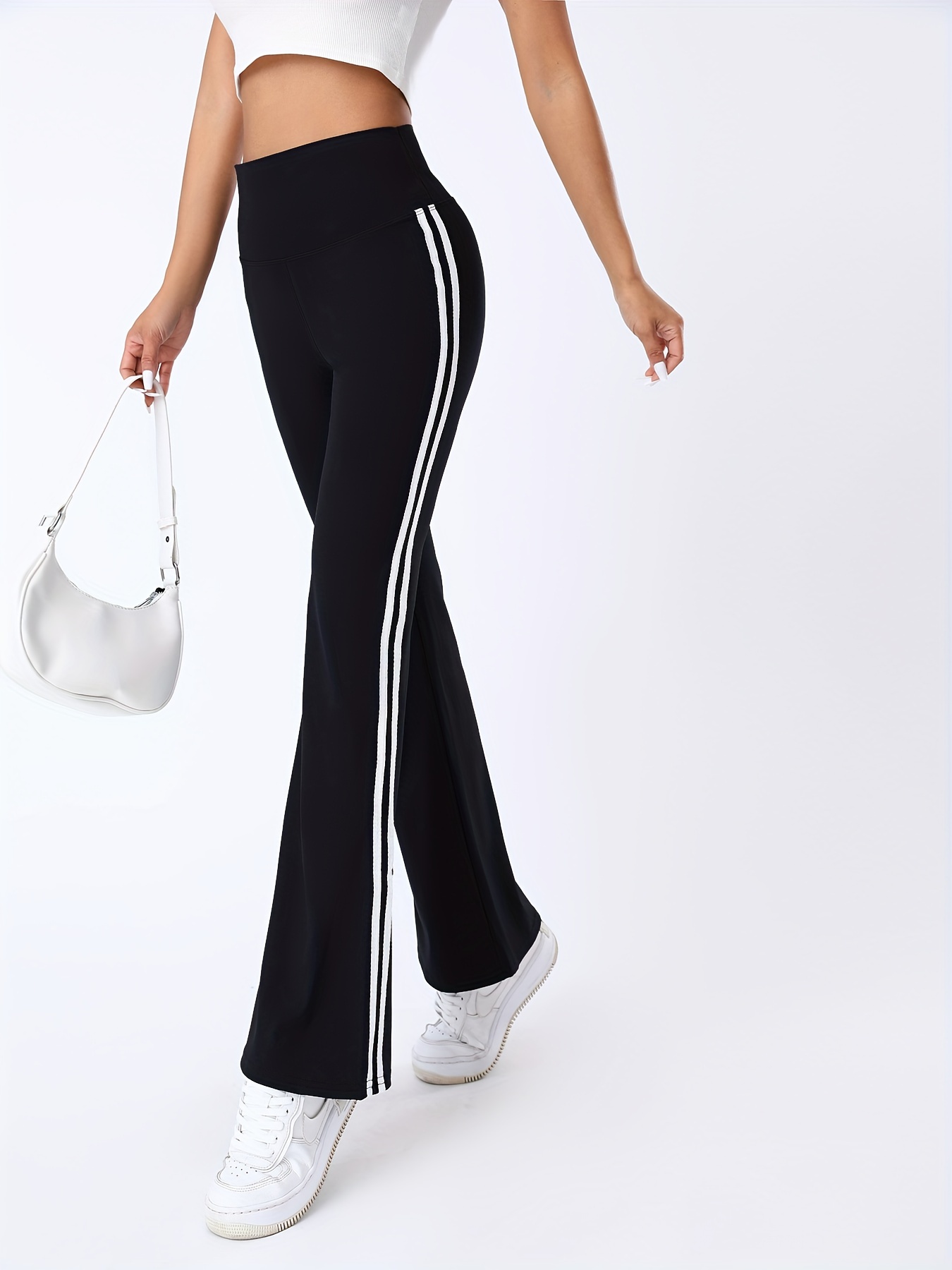 Solid Color High Waist Striped Flared Pants Fashion Slim Fit - Temu Canada
