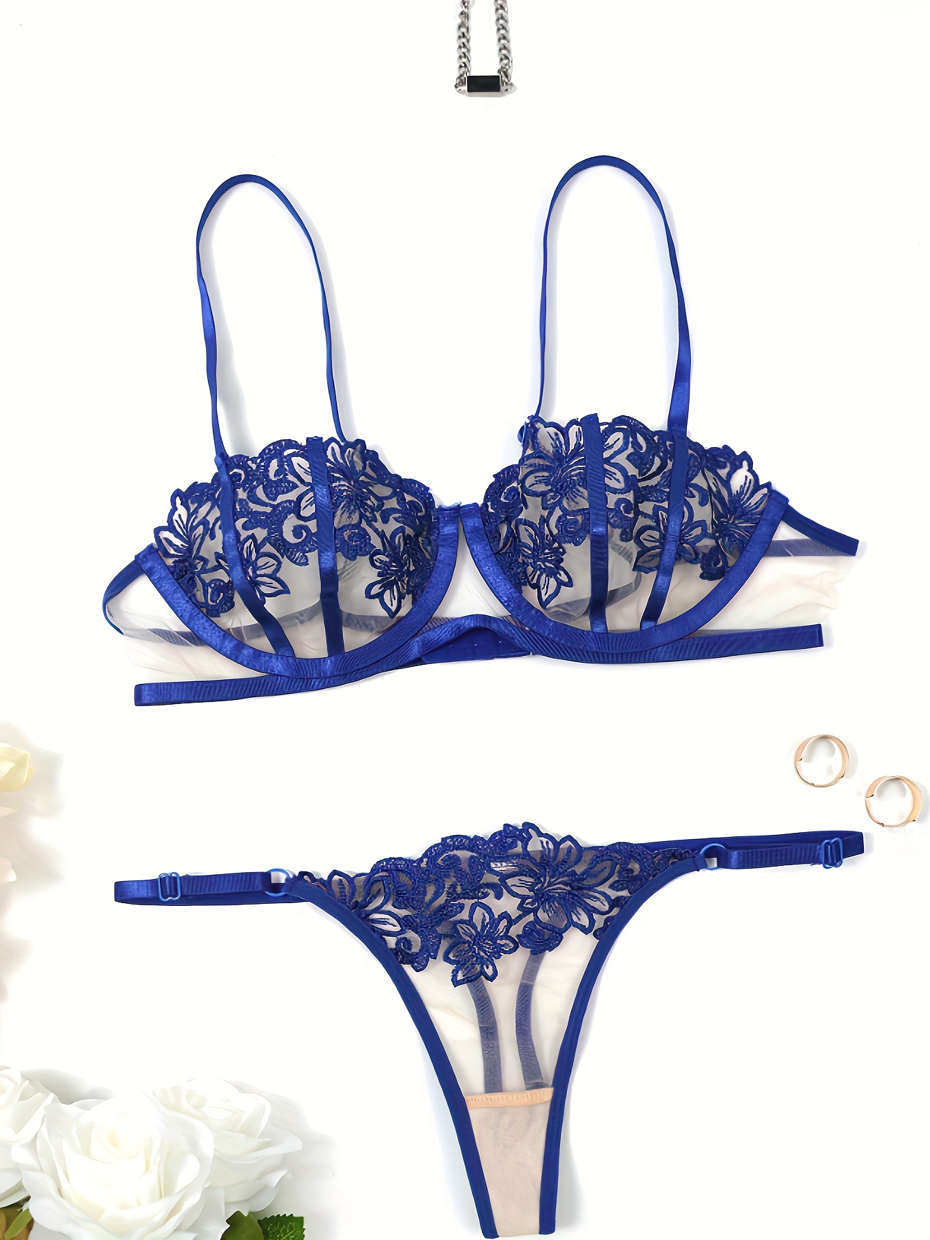 Floral Embroidery Lingerie Set Push Up Unlined Bra Mesh - Temu