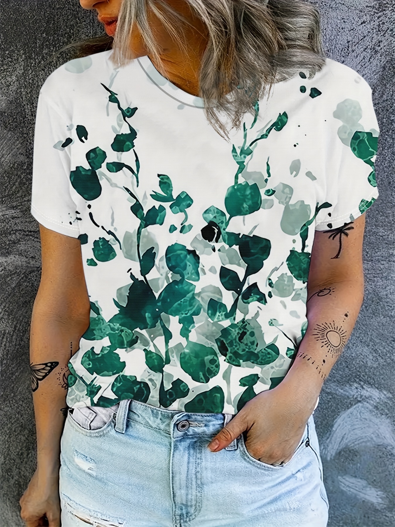 Camiseta mujer manga corta estampado en verdes en plantas