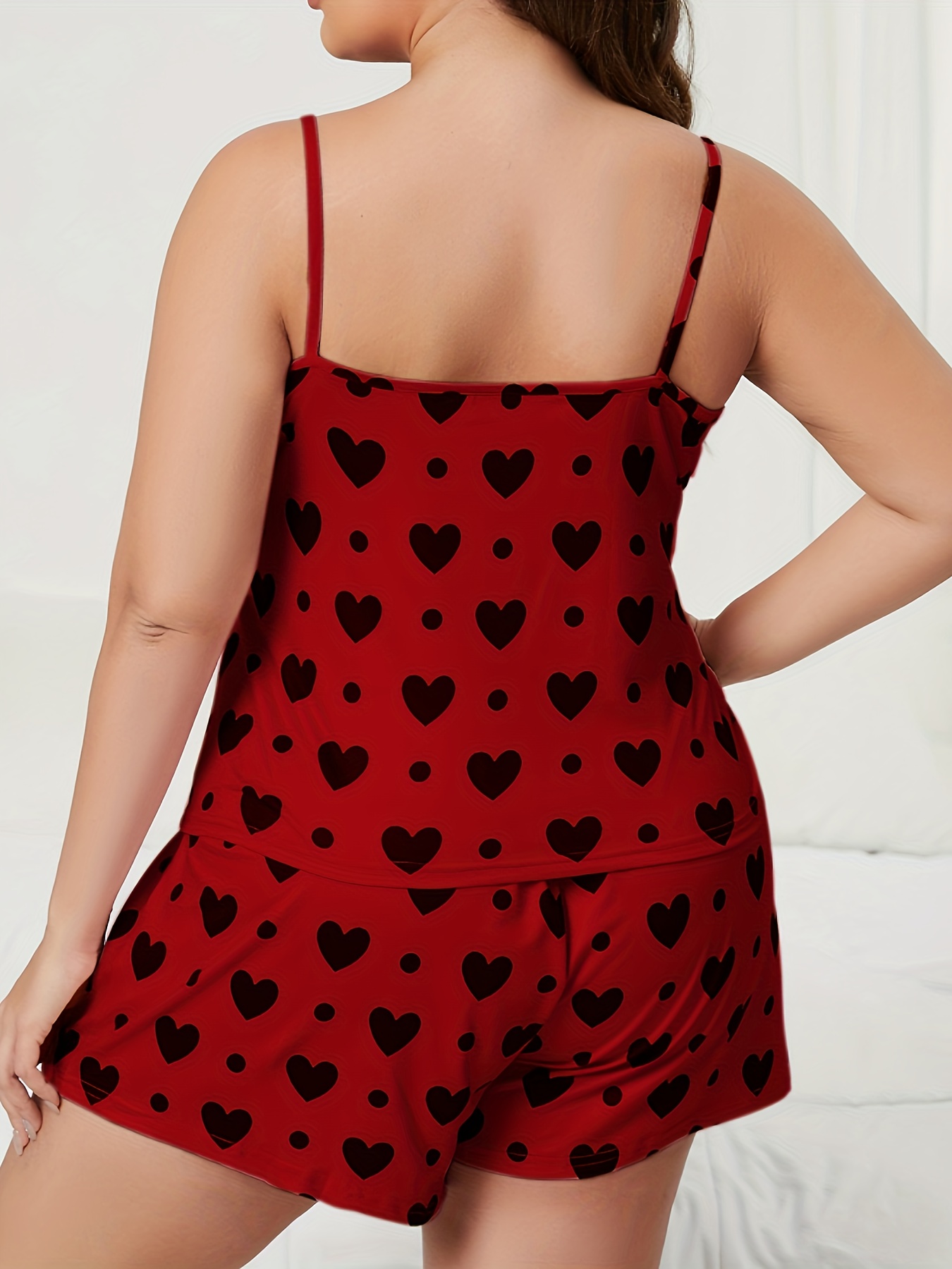 Women's Cute Heart and Polka Dot Pajama Set - Red Camisole Top & Elastic Waist Shorts, Soft Polyester Blend, Machine Washable Sleepwear, Comfortable Loungewear|Heart Pattern Design|Smooth Fabric Finish
