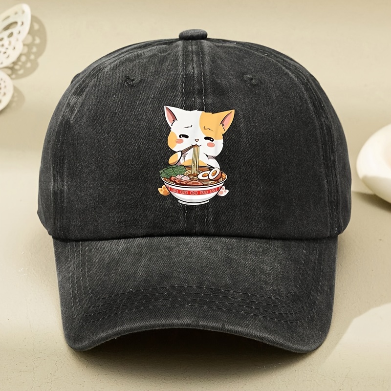 Cute Cat Noodle Printed Baseball Solid Color Washed - Temu Canada
