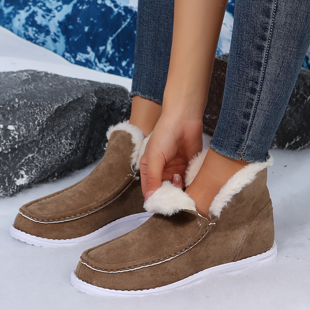 Womens Plush Lined Snow Boots Solid Color Lace Fleece Flat - Temu