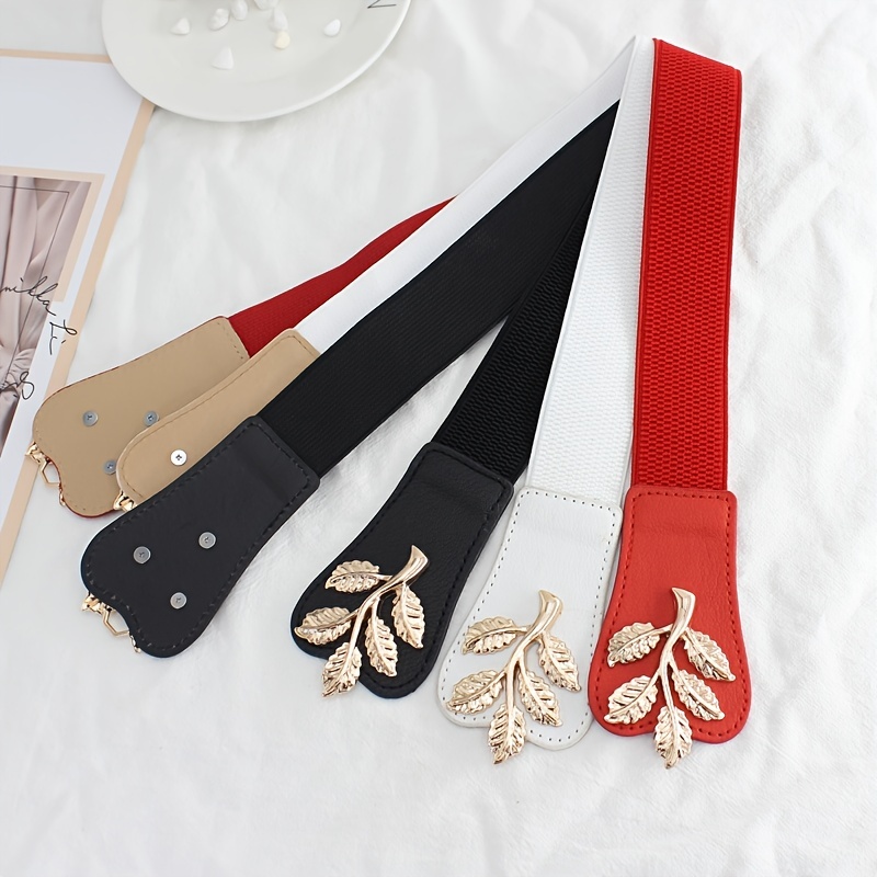 Metal Leaf Decoration Thin Elastic Waist Belt For Women
