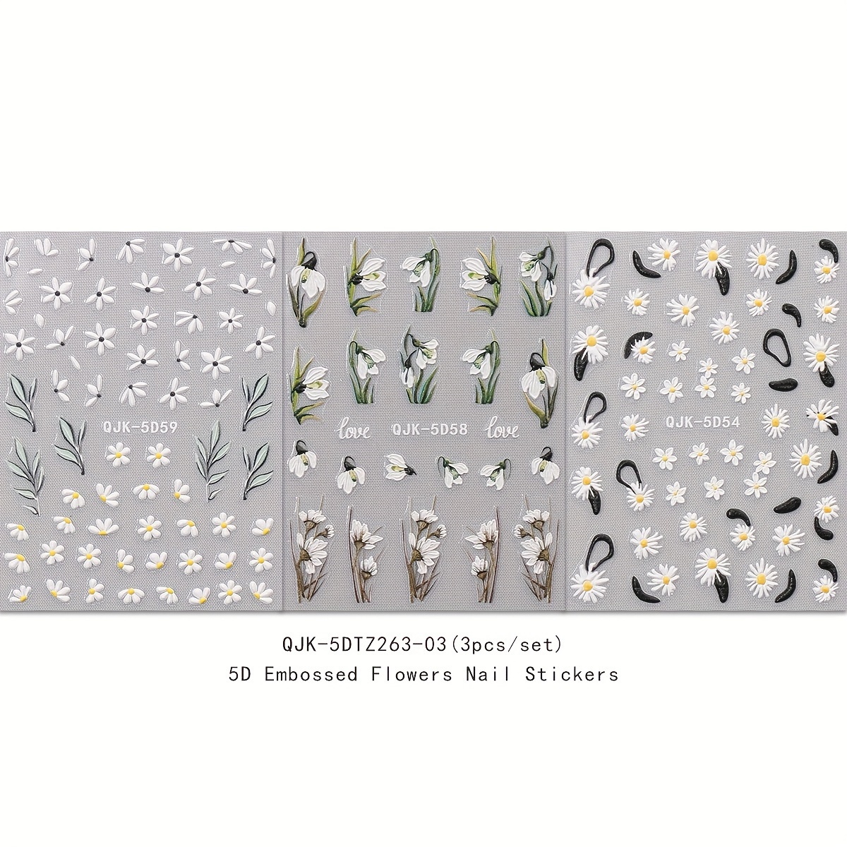 3 Sheets 5d Embossed Nail Art Sticker Spring Flowers Nail Design Sticker Cute White Five-petal Acrylic Nails Design Manicure Decorations Easter