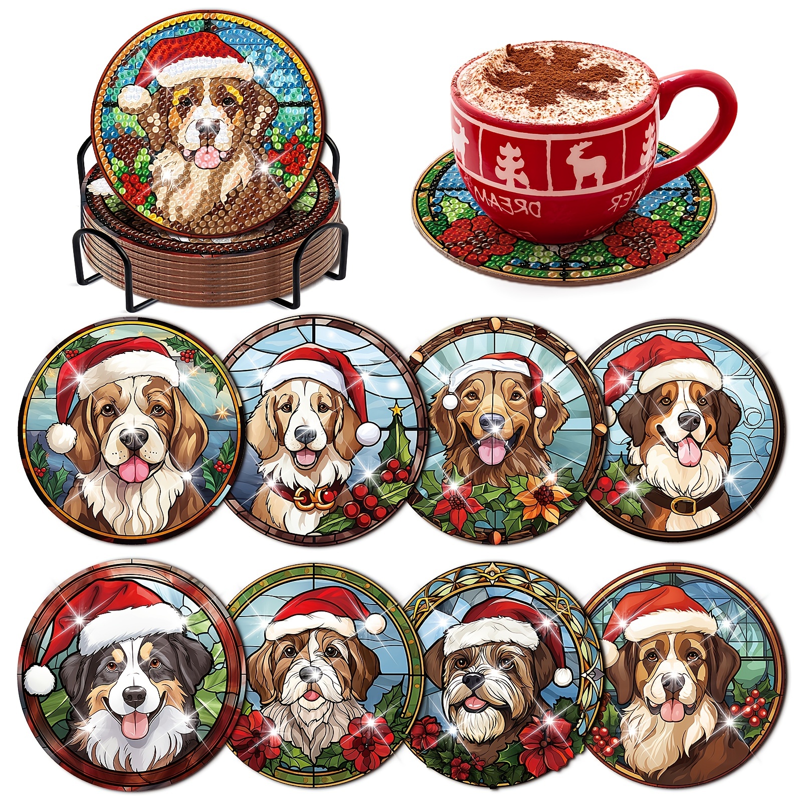 Christmas Wreath Dog Diamond Art Coasters Kit Diy Diamond - Temu