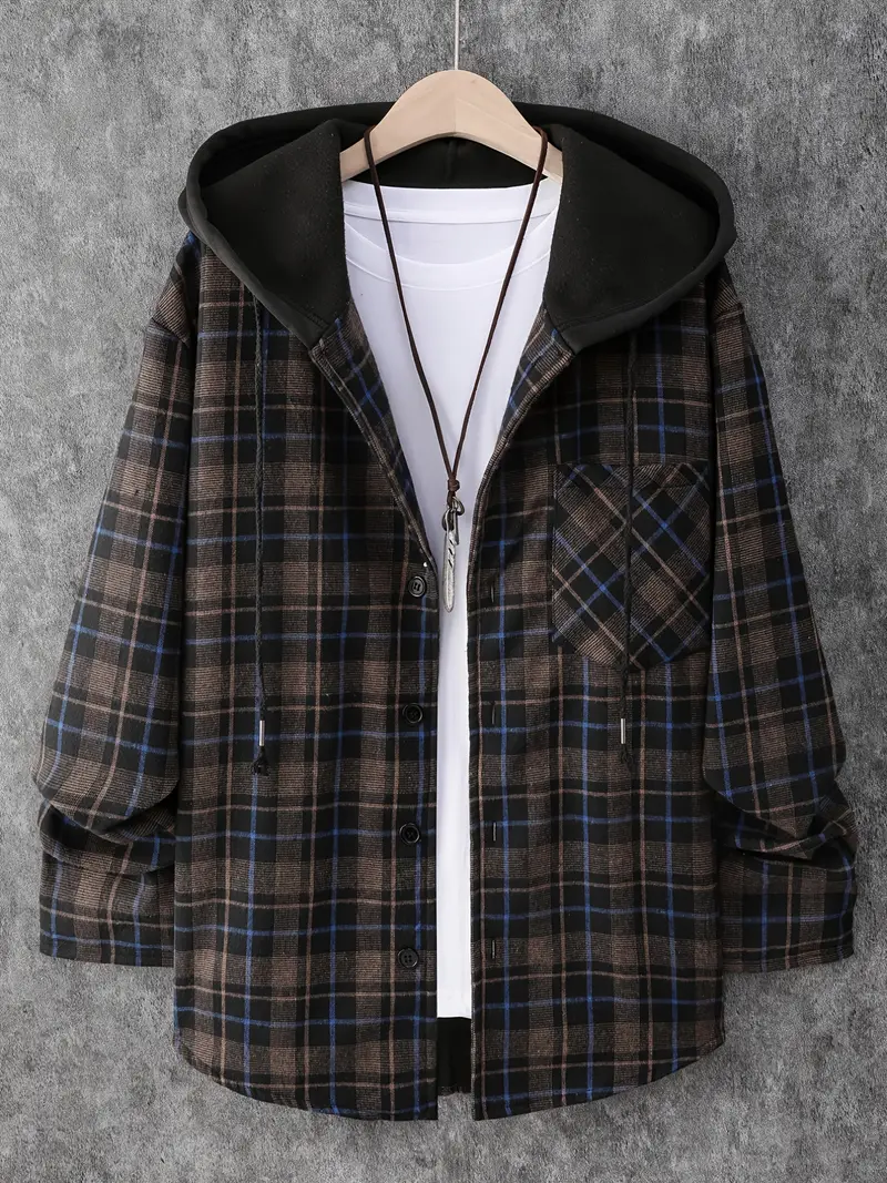 Hooded Plaid Pattern Non-stretch Jacket, Men's Casual Retro Men Long Sleeve Regular Fit Button Up Jacket Shirts