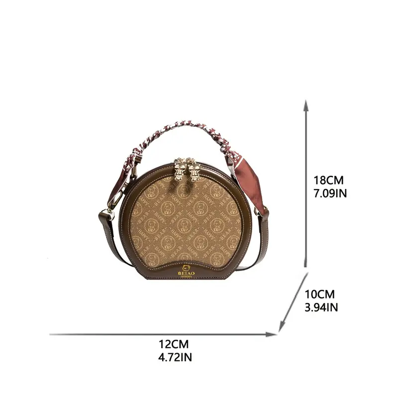 mini bear pattern round handbag fashion scarf decor crossbody bag womens faux leather purse 4 72 7 09 3 94 inch details 2