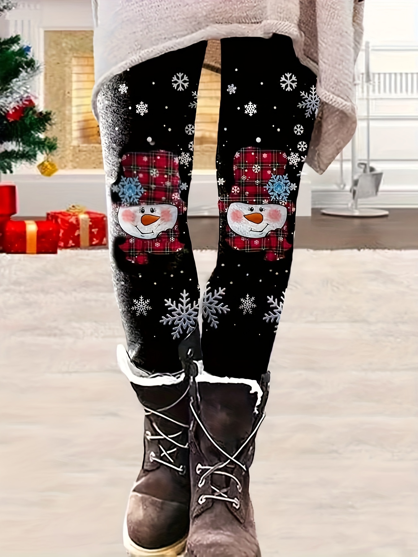 XMAS Leggings Womens Christmas Elastic Snowflake Pants Stocking