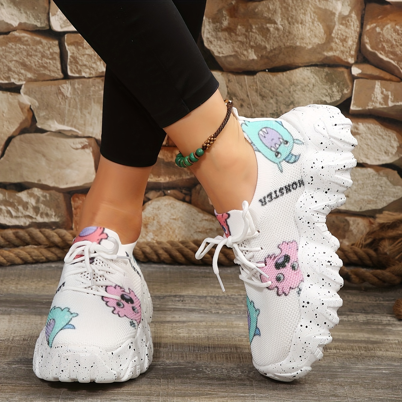 Women's Cartoon Print Knitted Sneakers, Slip On Shock Absorption Flat  Sporty Shoes, Lightweight Low-top Casual Shoes