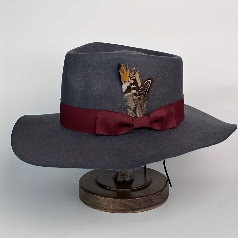 1pc 100%wool Material,1pc Dark Grey Fodora Hat,with Deep Red Ribbon Bow ,  Ideal choice for Gifts