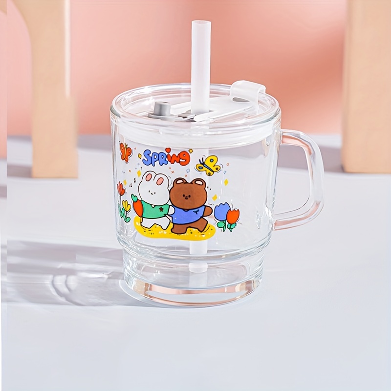 1pc Glass Bear Series Cup With Straw Creative And Cute Tumbler For Office,  Milk, Juice, And Water Drinking